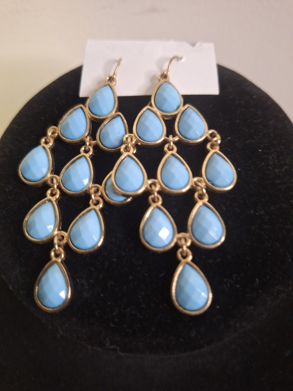 Gold-Frame Blue Teardrop Chandelier Faux Turquoise Earrings 2.5" Length